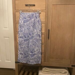 Loft Petite Beach Blue and White Patterned Wide Leg Cropped Linen Pants